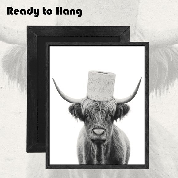 Funny Highland Cow Bathroom Wall Art Framed Black and White Rustic Cute Bathroom Canvas Prints for Bathroom Restroom Decor 8x10inx6pcs (Framed)