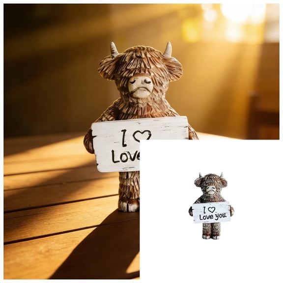 Funny Highland Cow Figurine Creative Resin Holding Card Cow Standing Statue Desk Decorations for Home Office (5.11")