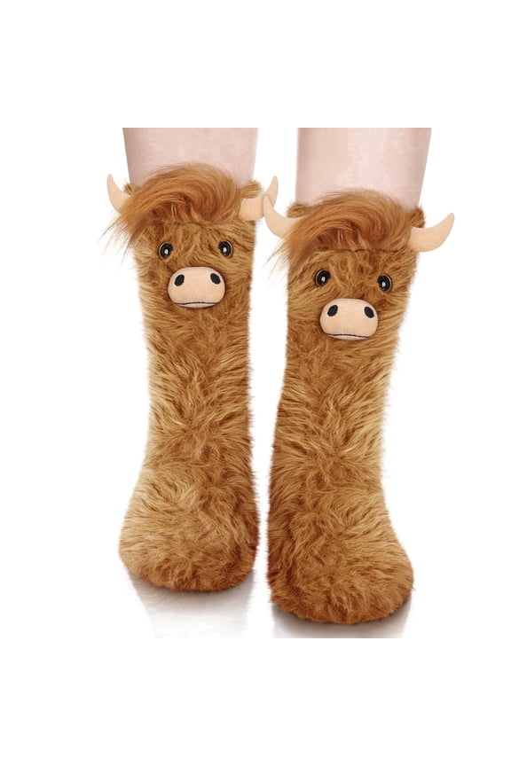 Funny Highland Cow Fuzzy Socks for Women and Teen Girls - Cute Birthday Gifts for Mom Mother Girlfriend Slipper 3D Animal Bed Warm Cozy Fuzzy Socks for Winter -Cool Gifts Ideas for Mother's Day