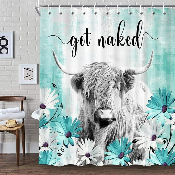 Funny Highland Cow Grey Shower Curtain Set, Farmhouse Fun Western Get Naked Shower Curtains for Bathroom Rustic Cow Bathroom Decor Polyester Fabric-72"x72"inch