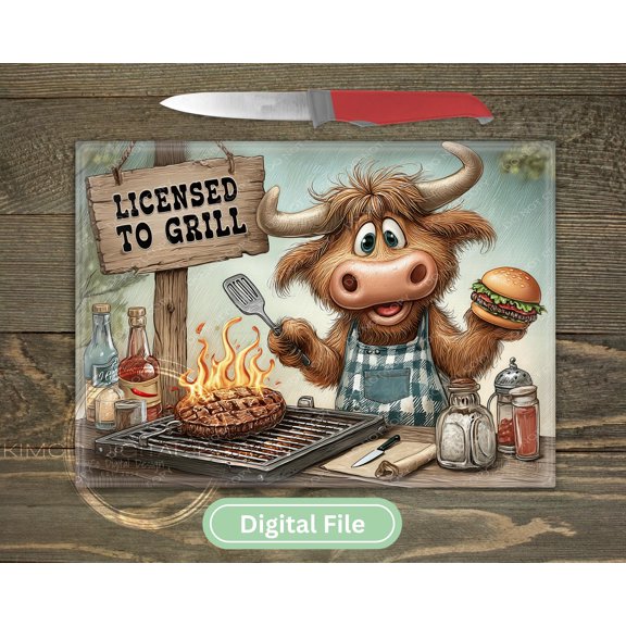 Funny Highland Cow Grill Master Png Glass Cutting Board DesignPoster, Poster Only