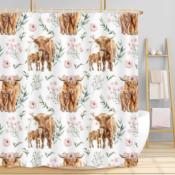 Funny Highland Cow Pink Floral Shower Curtain, Farmhouse Watercolor Flower Bathroom Accessories, Fun Western Country Animal Bathroom Curtains Cute Spring Plant Home Decor, 72X72IN