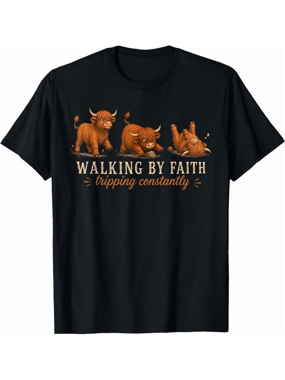Funny Highland Cow Shirt Walking By Faith Christian Gift T-Shirt For Women Men