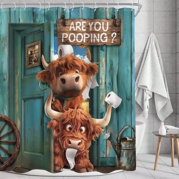 Funny Highland Cow Shower Curtain, "Are You Pooping" Rustic Wooden Door Bathroom Decor