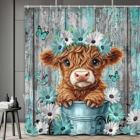 Highland Cow Shower Curtain - 70x70 Inch Teal Floral Farmhouse Bath Decor with Daisies & Butterflies, Waterproof Polyester Fabric, 12 Hooks Included