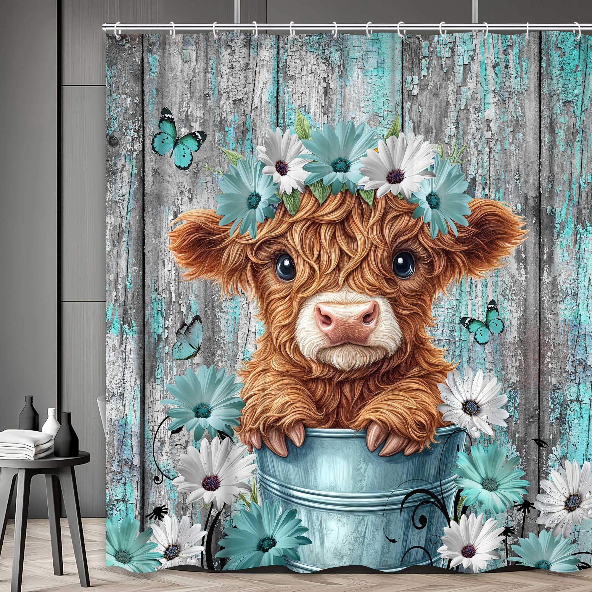 Funny Highland Cow Shower Curtain for Bathroom Decor, Teal Farm Teal Daisy Floral Flowers and Butterfly on Country Wooden Farmhouse Bath Curtain Country Animal Flower Waterproof 12 Hooks 54X72in