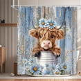 thumbnail image 1 of Funny Highland Cow Shower Curtain, Blue Cute Rustic Western Floral Plant Daisy Wooden Farmhouse Bath Curtain, Country Animal Fabric Waterproof Shower Curtain Set for Bathtub Decor, 72X72in, 1 of 5