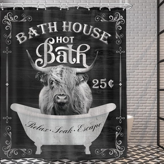 Farmhouse Style Shower Curtain Sets Waterproof Polyester 72x72 Inch, Highland Cow & Barn Door Design , Country Bathroom Decor Includes 12 Hooks