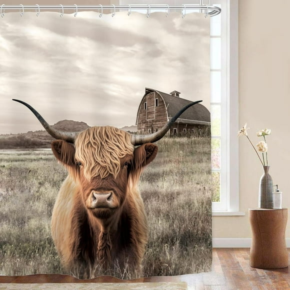Farmhouse Style Shower Curtain Sets Waterproof Polyester 72x72 Inch, Highland Cow & Barn Door Design , Country Bathroom Decor Includes 12 Hooks​