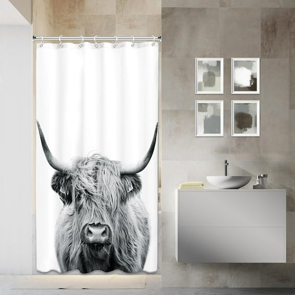 Funny Highland Cow Shower Curtain Bull Farmhouse Hilarious Western Cattle in Bathtub Bathing Farm Wildlife Animal Cute Barn Door Waterproof Bathroom Decor 12 Pack Plastic Hook