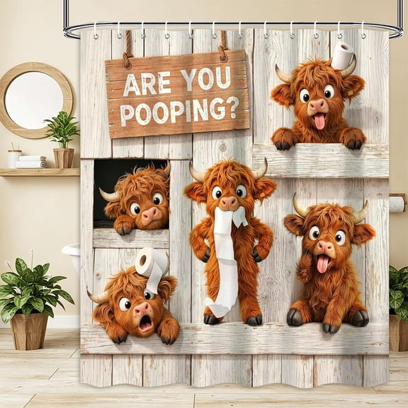 Funny Highland Cow Shower Curtain Cute Farm Animal Are You Pooping Sign Print Rustic Wooden Plank Bath Curtain For Bathroom Home Decor