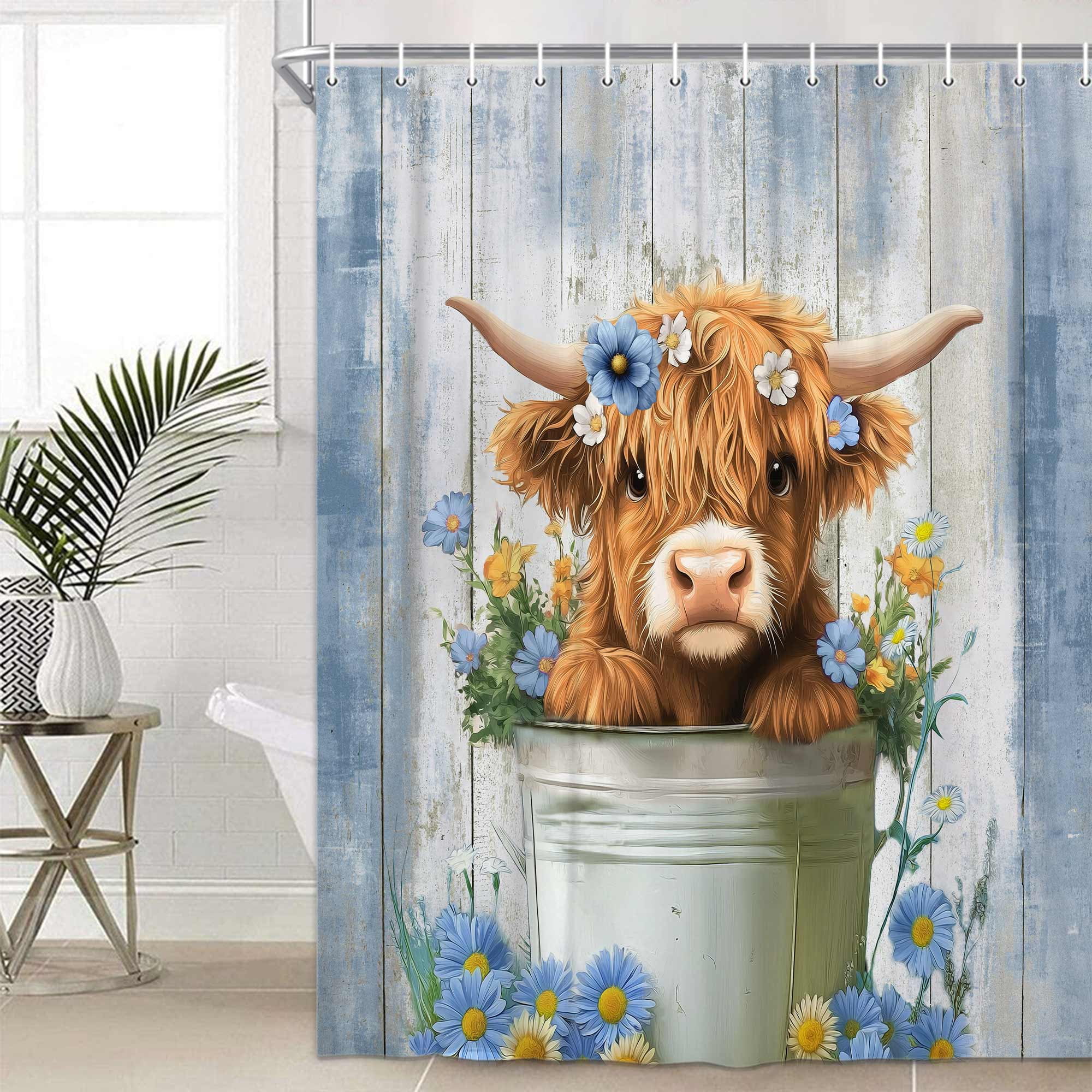 Funny Highland Cow Shower Curtain, Cute Farmhouse Blue Floral Western Wood Animal Shower Curtain Set, Country Rustic Turquoise Bathroom Accessories Set Decor with Hooks, 47X64in
