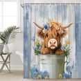 thumbnail image 1 of Funny Highland Cow Shower Curtain, Cute Farmhouse Blue Floral Western Wood Animal Shower Curtain Set, Country Rustic Turquoise Bathroom Accessories Set Decor with Hooks, 72X72in, 1 of 6