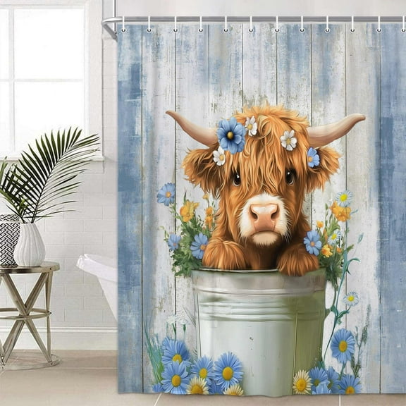 Funny Highland Cow Shower Curtain, Cute Farmhouse Blue Floral Western Wood Animal Shower Curtain Set, Country Rustic Turquoise Bathroom Accessories Set Decor with Hooks, 70X75in