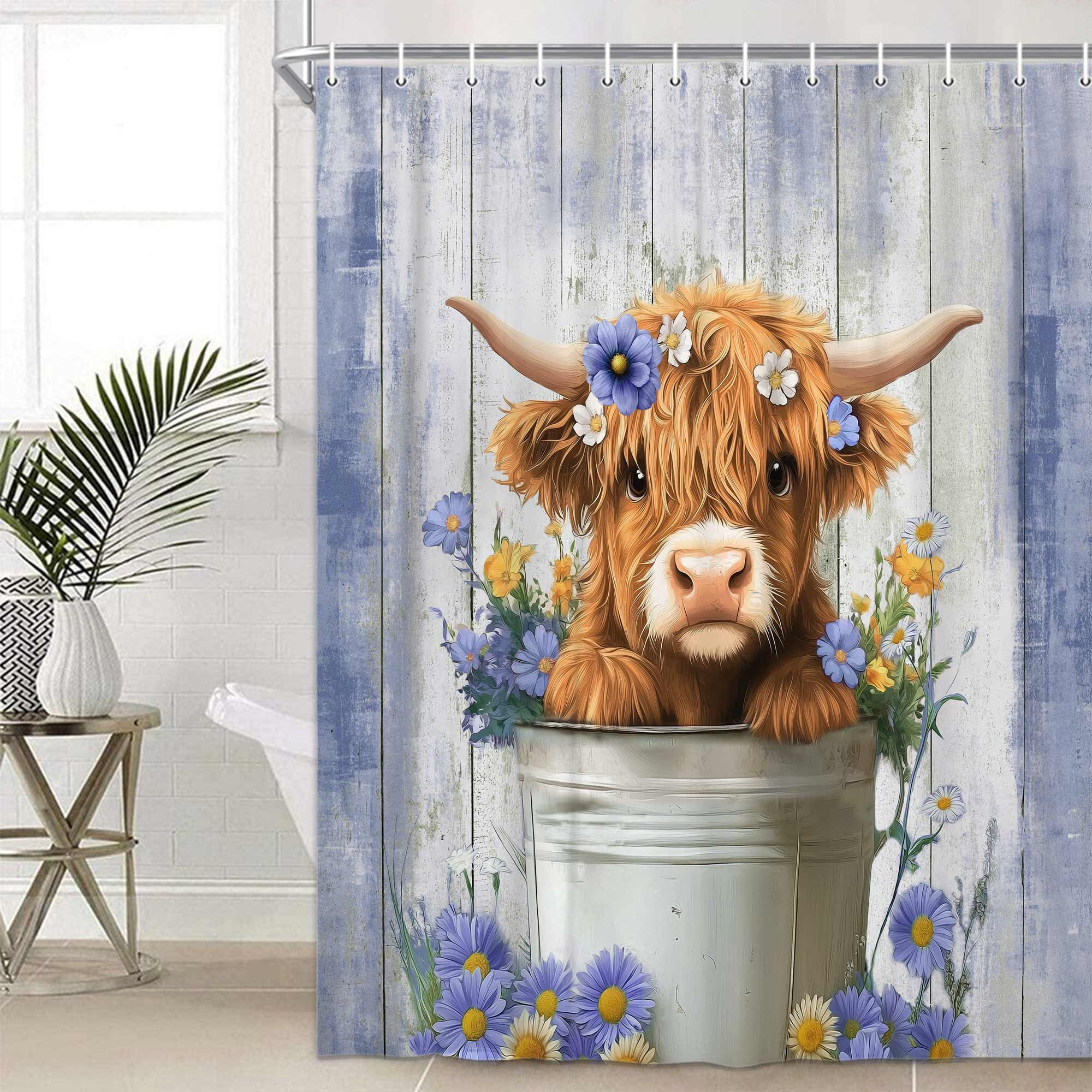Funny Highland Cow Shower Curtain, Cute Farmhouse Blue and Purple Floral Western Wood Animal Shower Curtain Set, Country Rustic Turquoise Bathroom Accessories Set Decor with Hooks, 60X70in