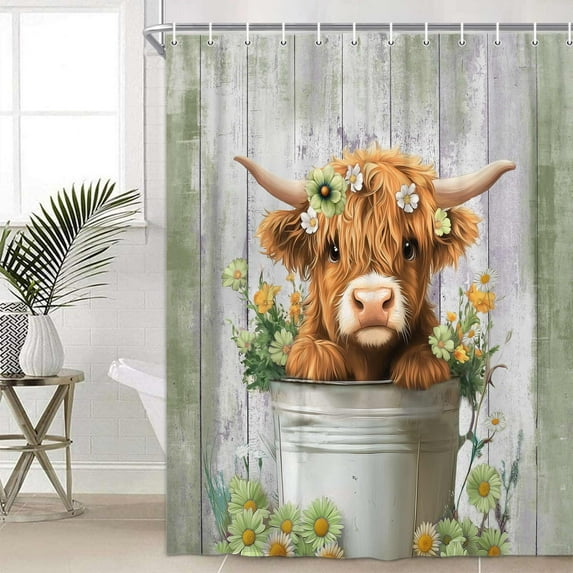 Funny Highland Cow Shower Curtain, Cute Farmhouse Green Floral Western Wood Animal Shower Curtain Set, Country Rustic Turquoise Bathroom Accessories Set Decor with Hooks, 72X72in