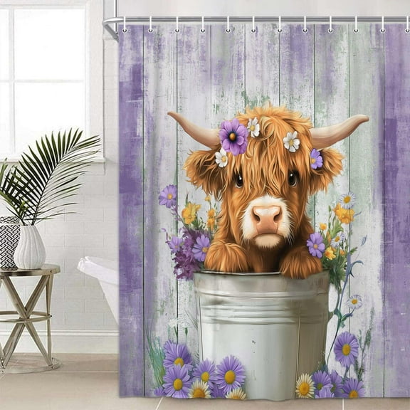 Funny Highland Cow Shower Curtain, Cute Farmhouse Purple Floral Western Wood Animal Shower Curtain Set, Country Rustic Turquoise Bathroom Accessories Set Decor with Hooks, 48X70in