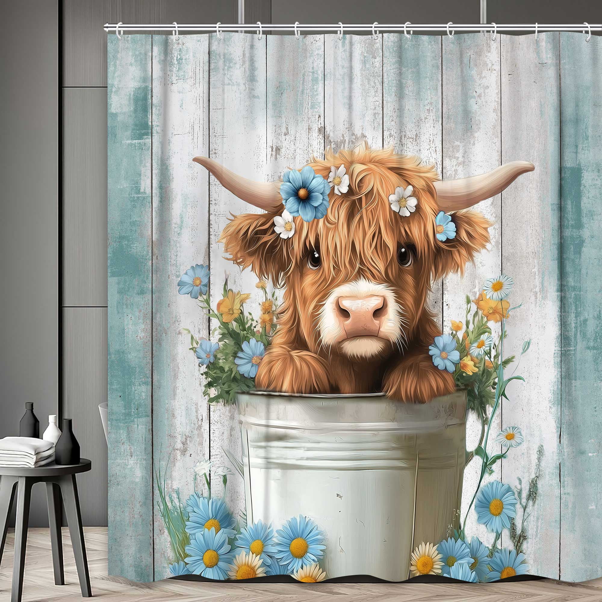 Funny Highland Cow Shower Curtain, Cute Farmhouse Teal Floral Western Wood Animal Shower Curtain Set, Country Rustic Turquoise Bathroom Accessories Set Decor with Hooks, 72X72in