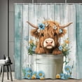 thumbnail image 1 of Funny Highland Cow Shower Curtain, Cute Farmhouse Teal Floral Western Wood Animal Shower Curtain Set, Country Rustic Turquoise Bathroom Accessories Set Decor with Hooks, 48X70in, 1 of 6