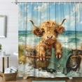 thumbnail image 1 of Funny Highland Cow Shower Curtain, Cute Farmhouse Western Bull Cattle at Teal Beach Shower Curtain, Rustic Cattle Animal Ocean Costal Beach Fabric Shower Curtain Set with Hooks, 70X70IN, 1 of 4