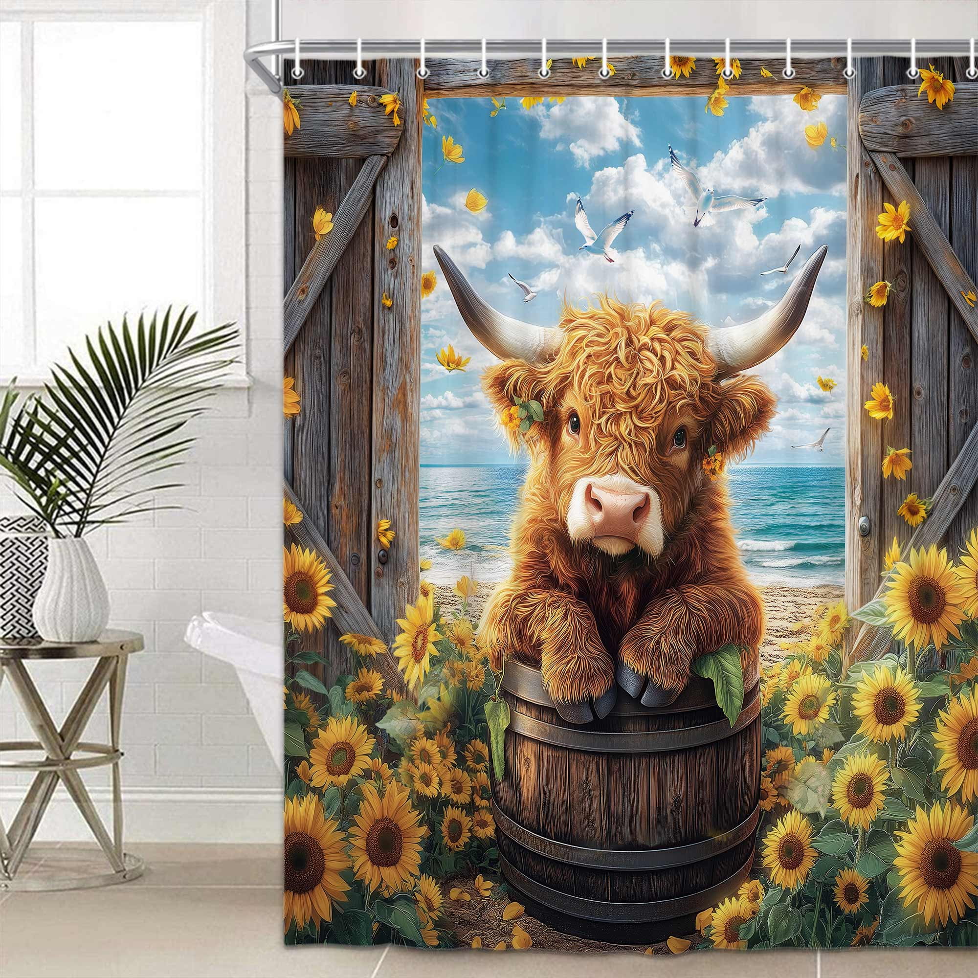 Funny Highland Cow Shower Curtain, Farmhouse Summer Beach Sunflower Western Bathroom Decor Set, Rustic Barn Door Waterproof Fabric Bath Curtains with Hooks, 72X72in