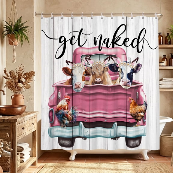 Funny Highland Cow Shower Curtain Pink Truck Rooster Farmhouse Bath Curtain Rustic Country Fabric Bathroom Decor 72 x 72 Inches