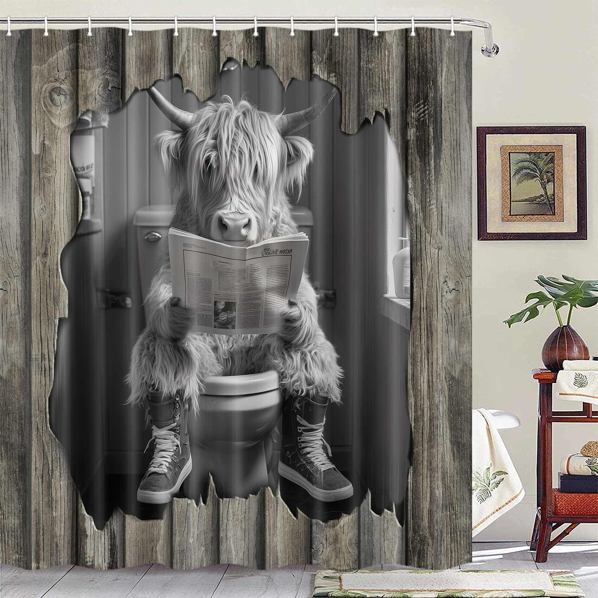 Funny Highland Cow Shower Curtain, Rustic Wooden Wild Animal Reading Newspaper on Toilet Bath Curtains Set, Humor Western West Farmhouse Fabric Bathroom Polyester Curtains with Hooks 54X70in