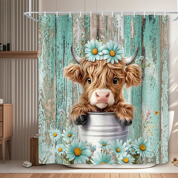 Funny Highland Cow Shower Curtain, Teal Cute Rustic Western Floral Plant Daisy Wooden Farmhouse Bath Curtain, Country Animal Fabric Waterproof Shower Curtain Set for Bathtub Decor, 60X70in