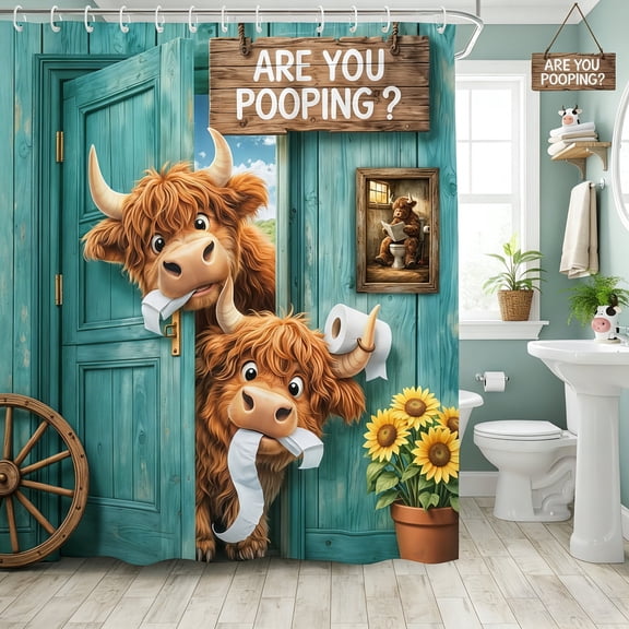 Funny Highland Cow Shower Curtain, Are You Pooping Bathroom Decor, Teal Rustic Wooden Door Bath Curtain for Bathroom, Waterproof Washable Fabric Shower Curtain Set with Hooks,72X72in