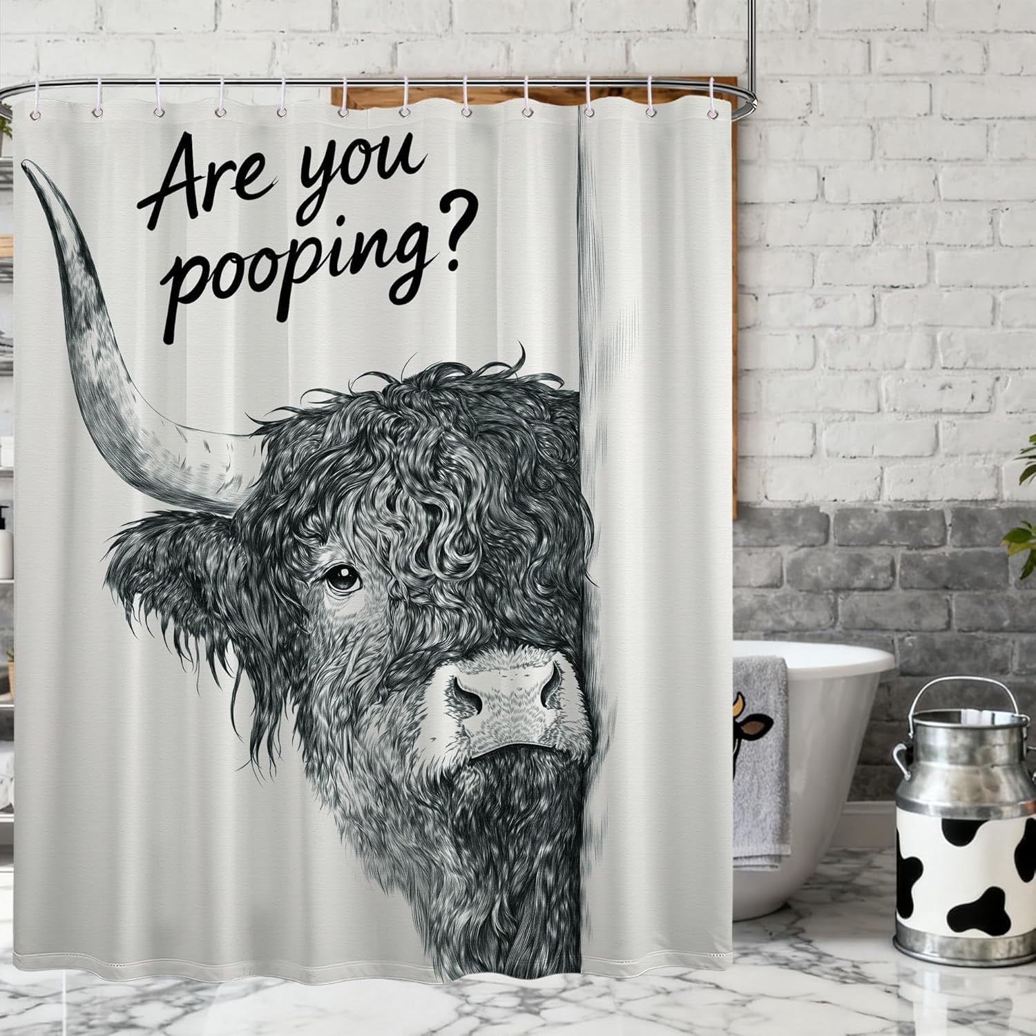 Funny Highland Cow Shower Curtain are You Pooping Country Farmhouse Farm Animals Shower Curtains for Bathroom Decor Sets, Waterproof Cloth Fabric with Hooks, 70x72 Inch