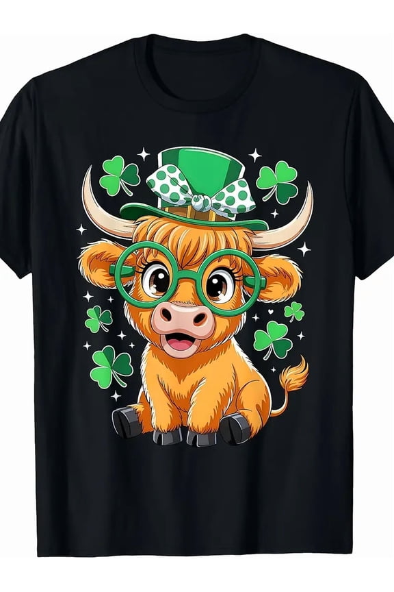 Funny Highland Cow St. Patrick's Day Shamrock Men Graphic Short Sleeve Tee