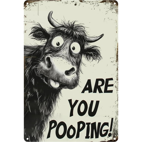 Funny Highland Cow Tin Sign "Are You Pooping?" Home Bathroom Wall Decor – 8x12 Inch Vintage Sign Metal Wall Décor, Humorous Bathroom & Farmhouse Rustic Wall Art for Indoor & Outdoor Use