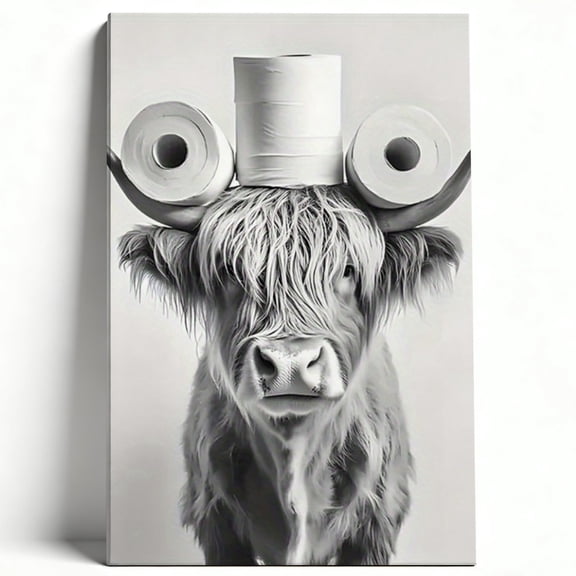 Funny Highland Cow with Toilet Paper Canvas Wall Art, Black and White Farmhouse Animal Matte Finish Gallery Wrapped, Humorous Bathroom Restroom Decor 8*12