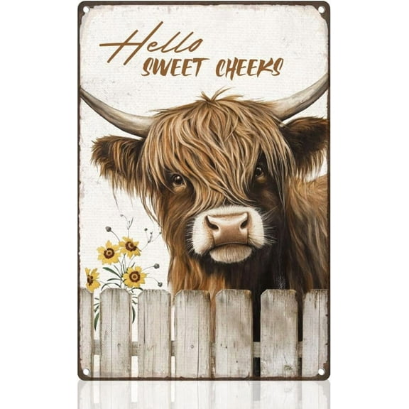 Funny Highland Cow Western Retro Bathroom Wall Decor Metal Tin Sign 8" x 12" Hello Sweet Cheeks Vintage Wall Art Poster for Bathroom Toilet Office Clubs Decor Gift Colorful