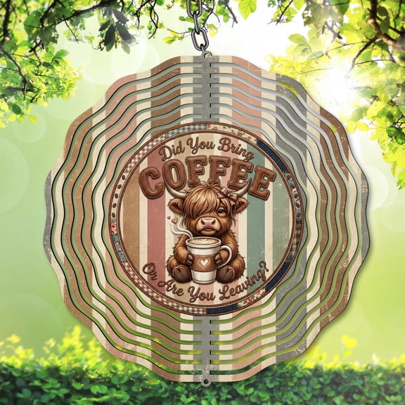 Funny Highland Cow Wind Spinner 10 Inch, Coffee Lover Garden Decor