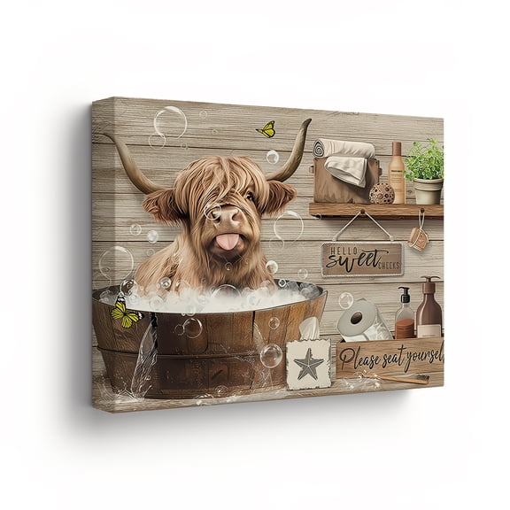 Funny Highland Cow in Bathtub Wall Art Canvas Print with Frame