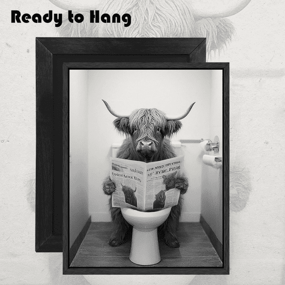Funny Highland cattle Animal Framed Wall Art Toilet Room Decor Black Cute Bathroom Prints Rustic Canvas Painting Farmhouse Guest Artwork 12x16in(Framed)