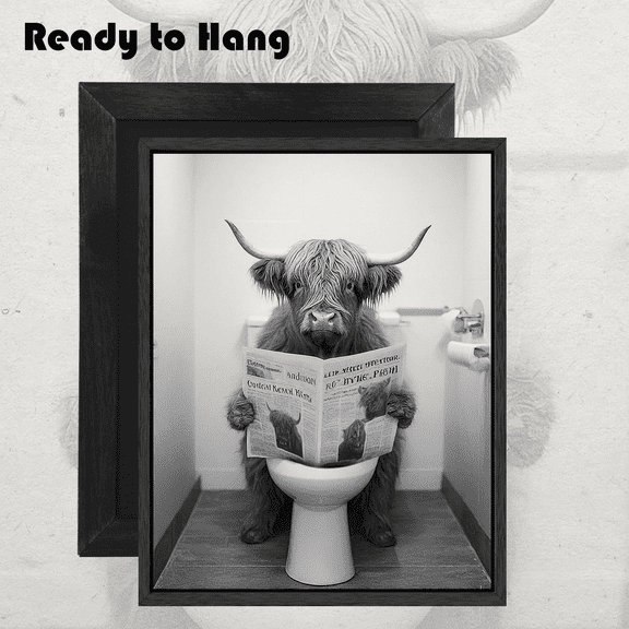 Funny Highland cattle Animal Framed Wall Art Toilet Room Decor Black Cute Bathroom Prints Rustic Canvas Painting Farmhouse Guest Artwork 8x10in(Framed)