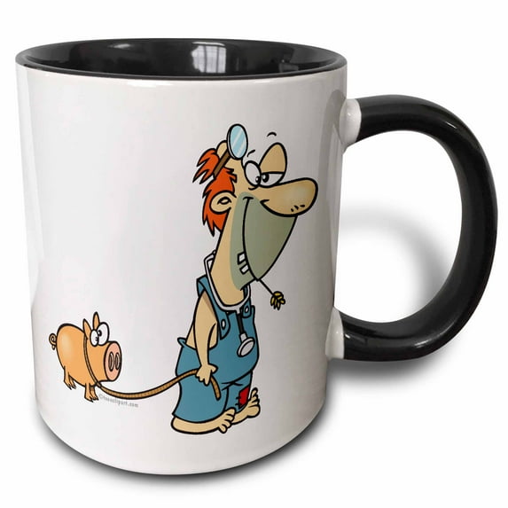 3drose, Funny Hillbilly Vet with Pig Cartoon, 15oz Two-tone Black Mug