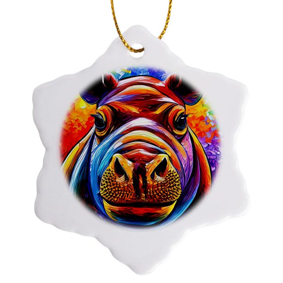 3drose, Funny Hippopotamus Portrait in Purple and Orange Colors Digital Art, 3 inch Snowflake Porcelain Ornament