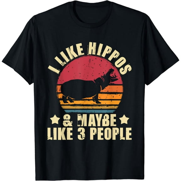 Funny Hippopotamus Retro Sunset Graphic Unisex Animal Lover Casual T-Shirt