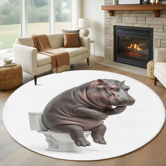 Funny Hippos 6ft Round Rugs, Cute Art Fun Lovely Animals on Toilets Washable Non-Slip Area Rugs for Living Room Bedroom Kitchen, Soft Low Pile Dining Room Kicthen Circle Carpet, Indoor Floor Rug