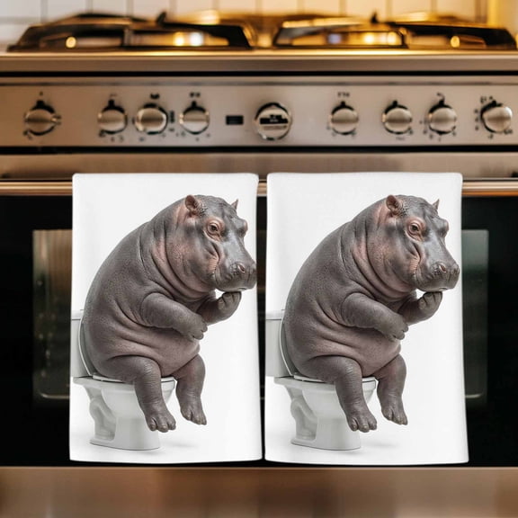 Funny Hippos Kitchen Towels Set of 1, Cute Art Fun Lovely Animals on Toilets Absorbent Dish Towels for Kitchen, Microfiber Hand Towel, Quick Drying Tea Towel for Cleaning Decorative Dishcloths