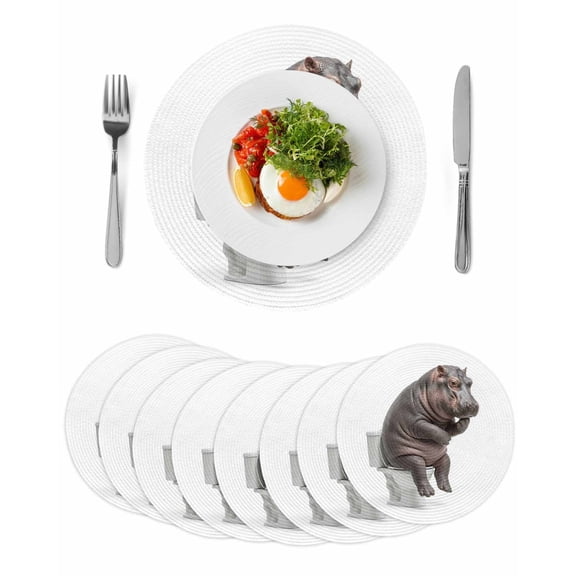Funny Hippos Round 15 Inch Placemats Set of 8, Cute Art Fun Lovely Animals on Toilets HeatResistant Non Slip Place Mats for Dining Table, Wipeable Braided Kitchen Table Mats for Housewarming