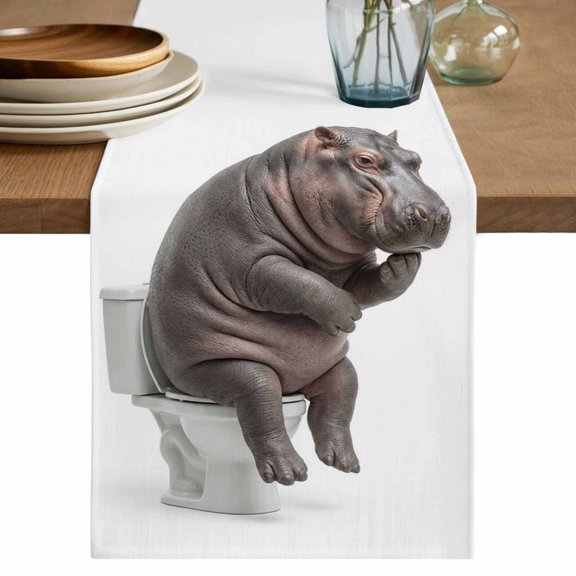 Funny Hippos Table Runner, Cute Art Fun Lovely Animals on Toilets Washable Cotton Linen Table Runners 36 Inches Long, Dresser Scarf Runner for Nightstand/End Tables/Round Tables 13''x36''