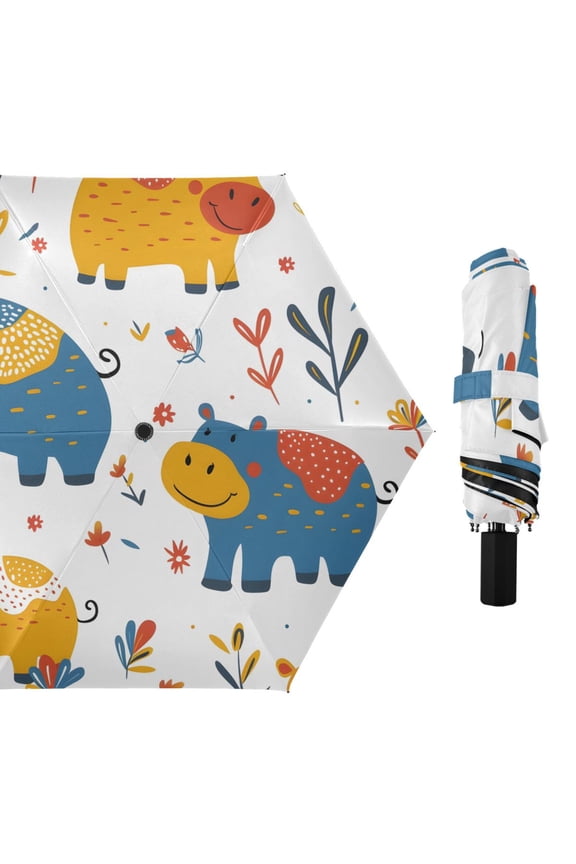 Funny Hippos on Grassland All Weather Umbrella Triple Folding Parasol 6 Ribs UV Protection Portable