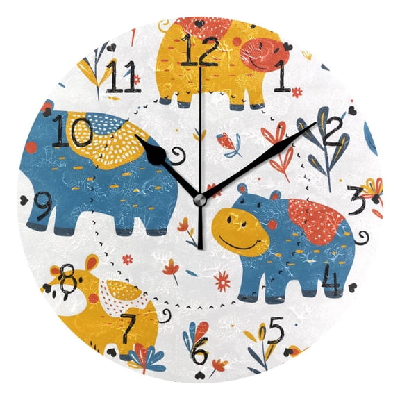 Funny Hippos on Grassland Round Wall Clock Silent Analog Battery Operated Black Pointer Home Decor 9.84" Diameter