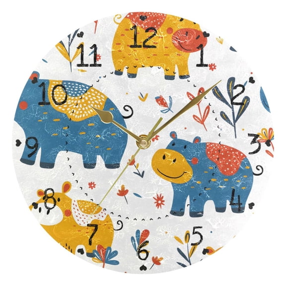Funny Hippos on Grassland Round Wall Clock Silent Analog Battery Operated Gold Pointer Home Decor 9.84" Diameter