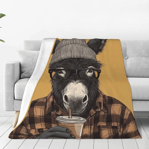 Funny Hipster Donkey Throw Blanket, Cool Animal with Glasses & Flannel Shirt Art, Ultra Soft Flannel Fleece, Cool Teen Gift 50x40
