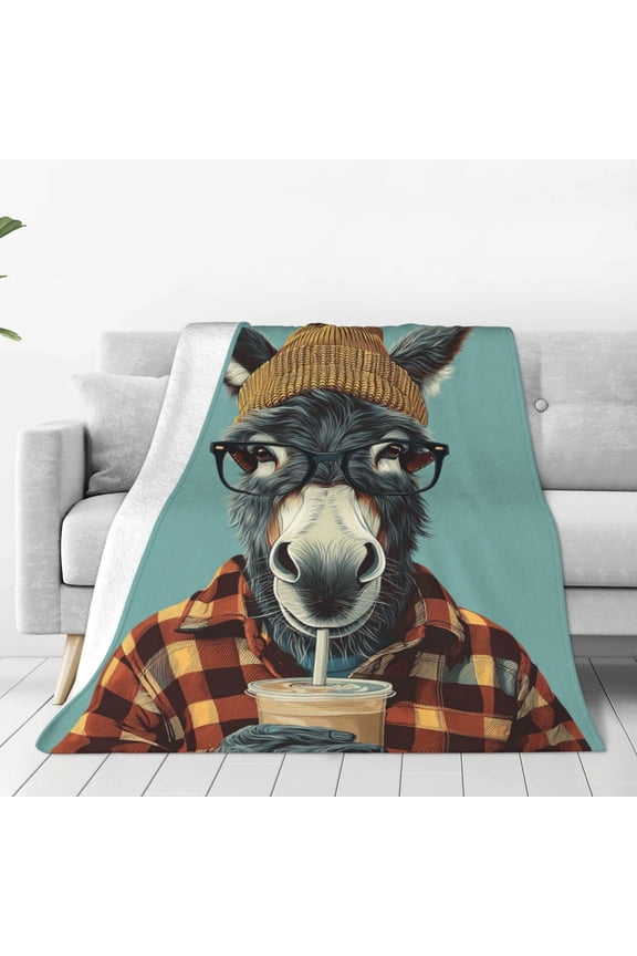 Funny Hipster Donkey Throw Blanket, Cool Animal with Glasses & Flannel Shirt Art, Ultra Soft Flannel Fleece, Cool Teen Gift 50x40